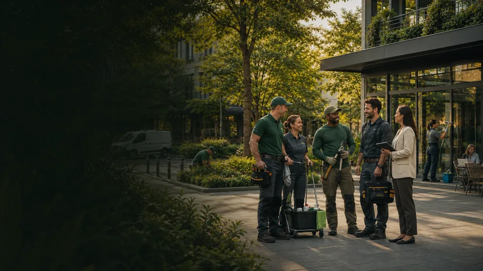 A field-service crew with their tools talking with a client in front of a building