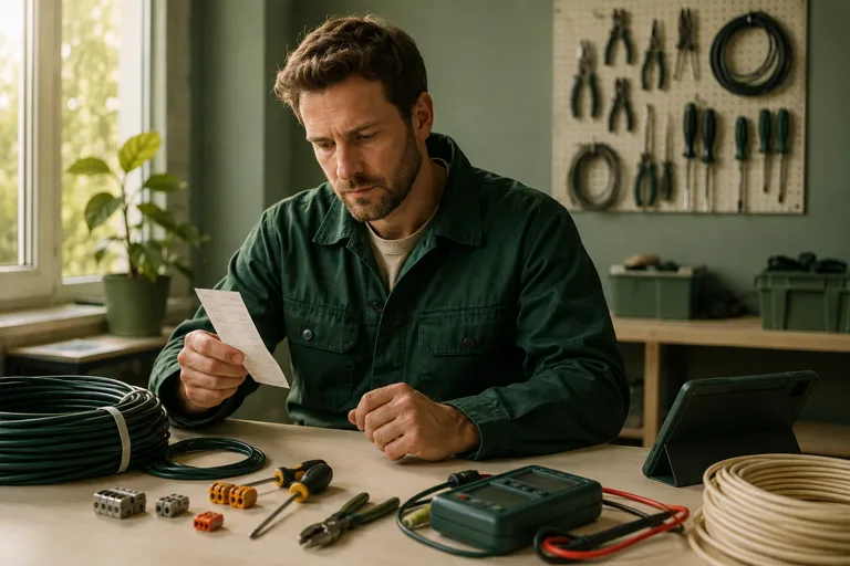 Electrician checking materials and a receipt