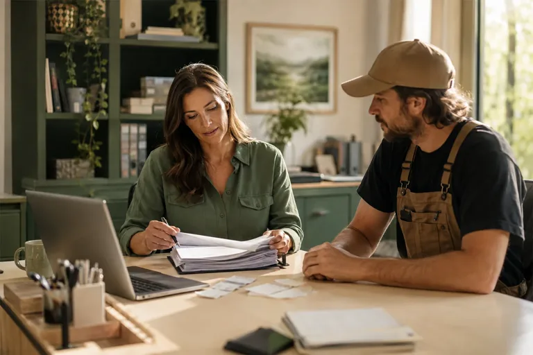 Service office reviewing work records and costs