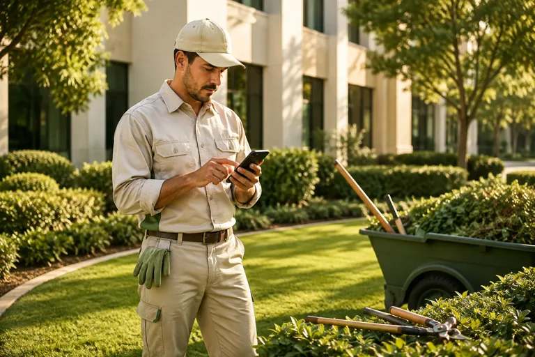 Grounds maintenance professional recording completed work outdoors