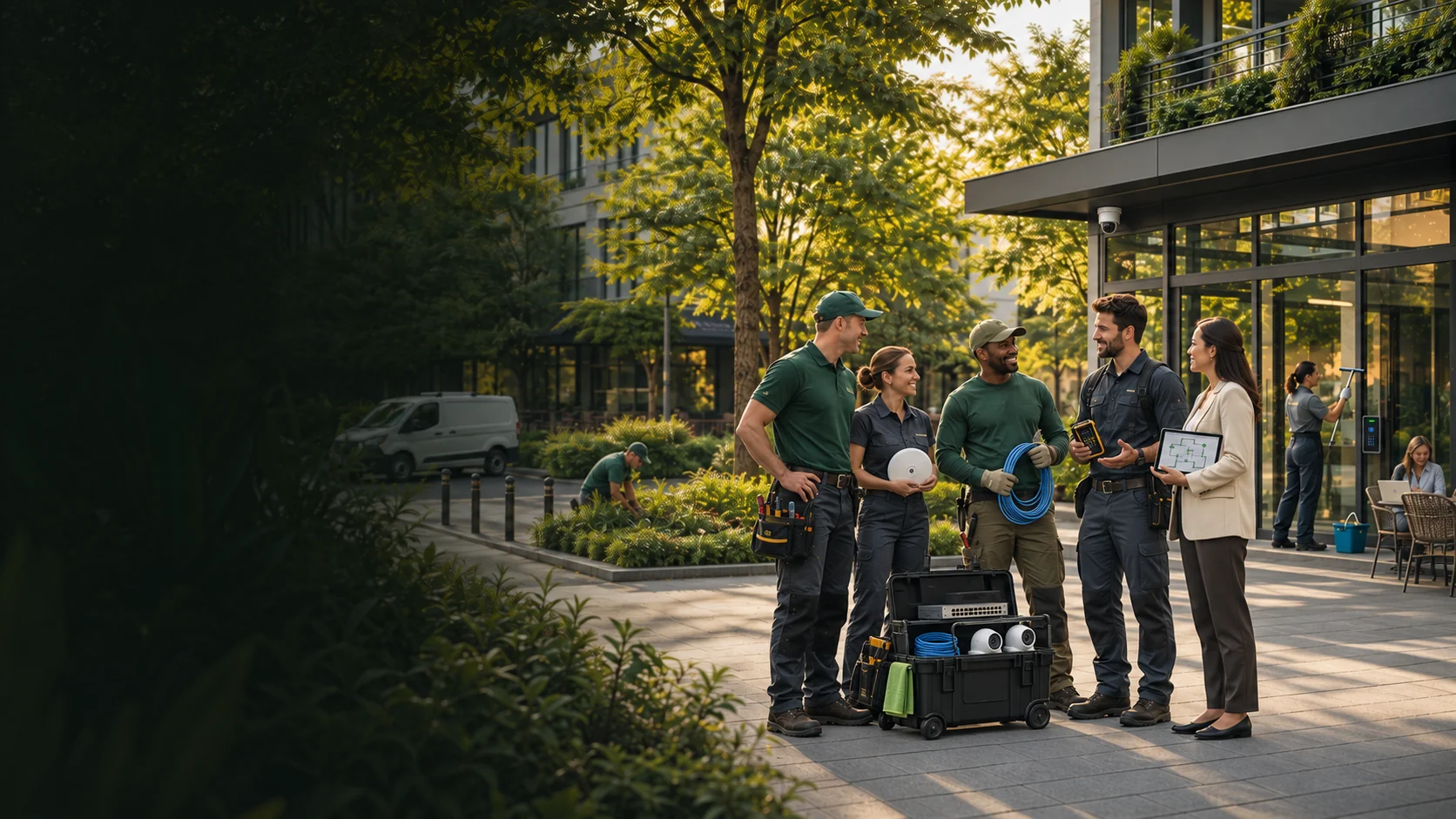 Service team with networking, Wi-Fi and security installation equipment